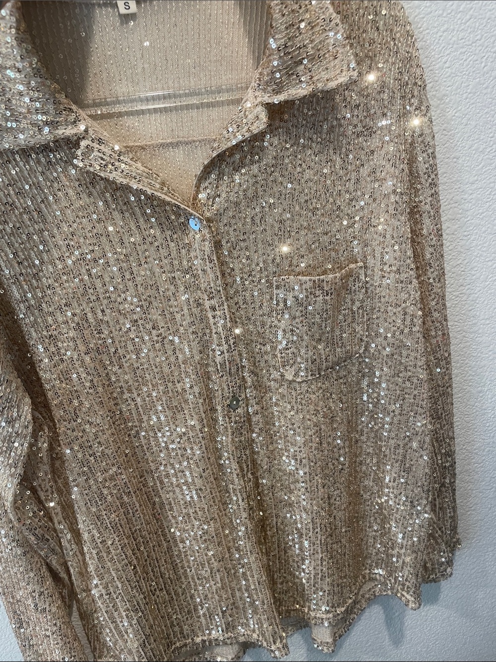 NWOT POL Sequin Button-Down Shirt - Champagne Gold - Picture 5 of 6